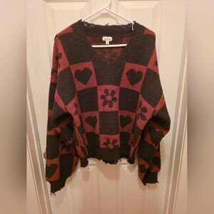 POL V-Neck Chunky Sweater in Rust and Chocolate Brown
